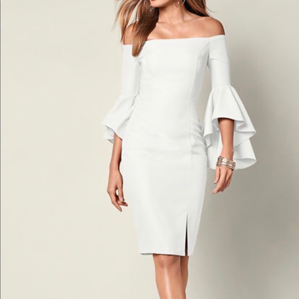 White off-the-shoulder dress with bell sleeves